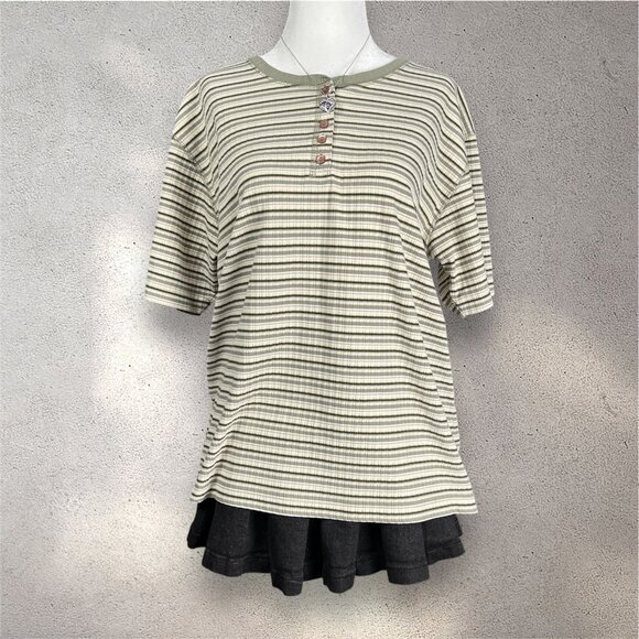 L.A. Blues Tops - L.A. Blues Striped Henley Tee Women’s L Green Ribbed Y2K Retro Casual Normcore